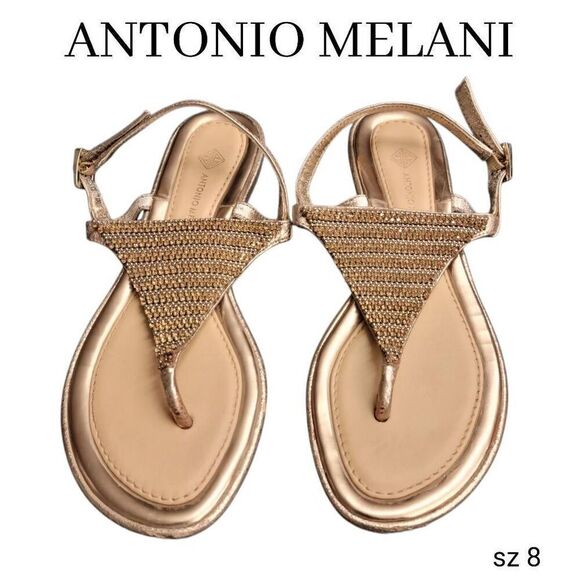 Sandals Gold Rhinestones And Studs Leather Flip Flops Antonio Melani  Shoes - Picture 1 of 9